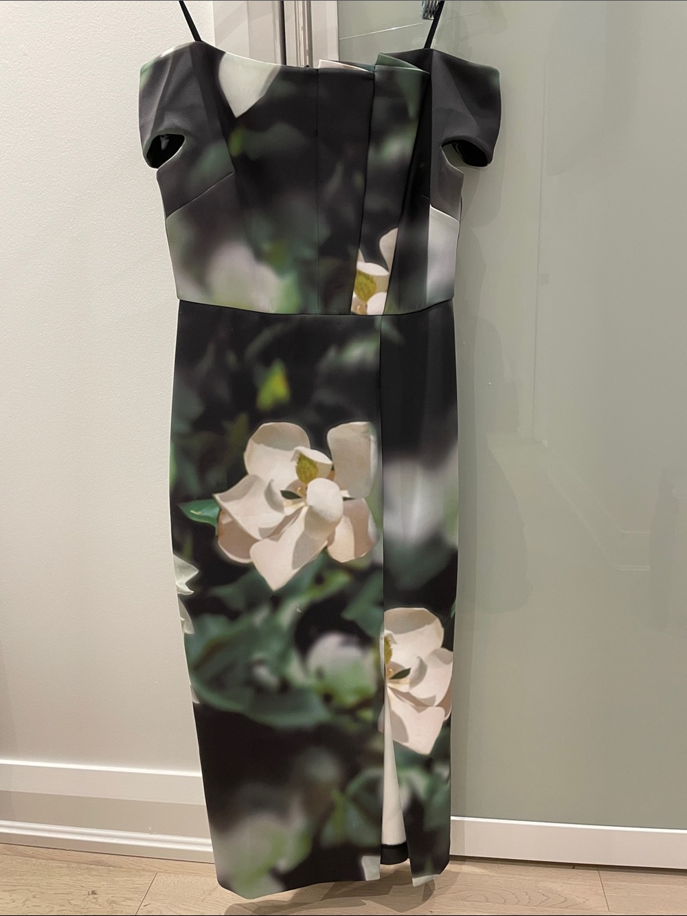 Ted Baker off the shoulder Floral Black Midi Dress, size 2